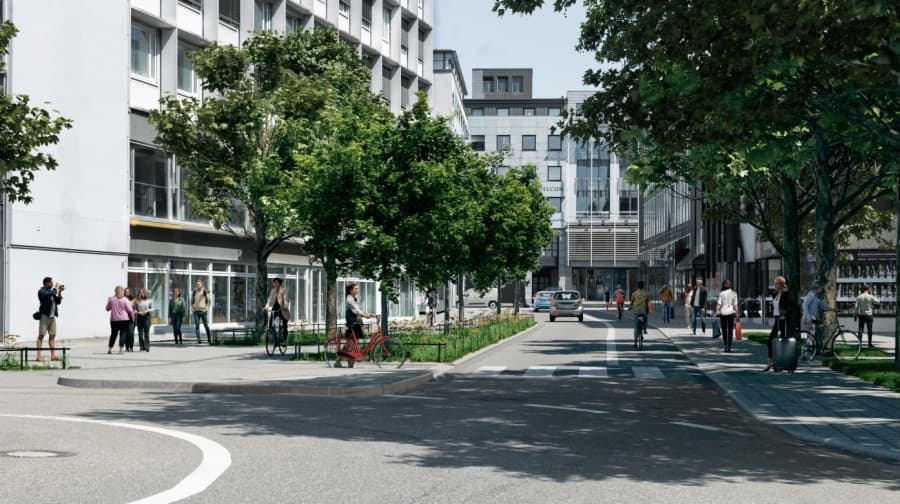 Visualisierung der umgestalteten Kohlwaagstraße mit Bäumen und breiten Gehwegen